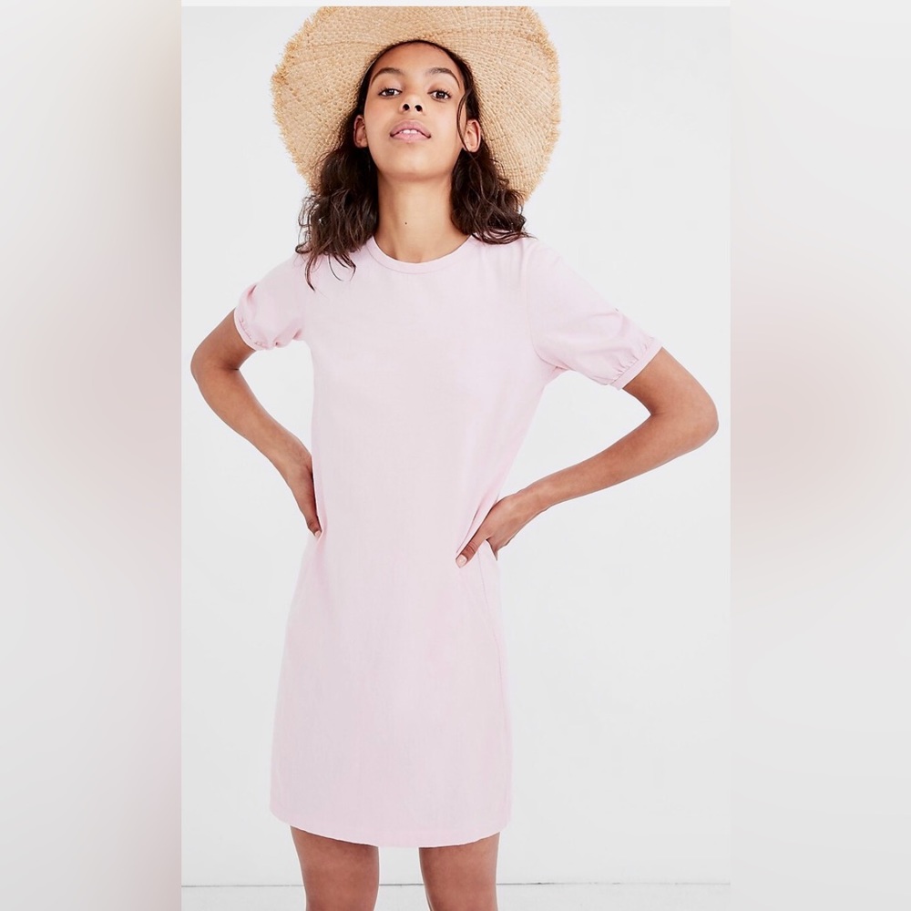 Madewell Pretty in Pink Puff-Sleeve Cotton Tee Mini Shift Dress. ZB4